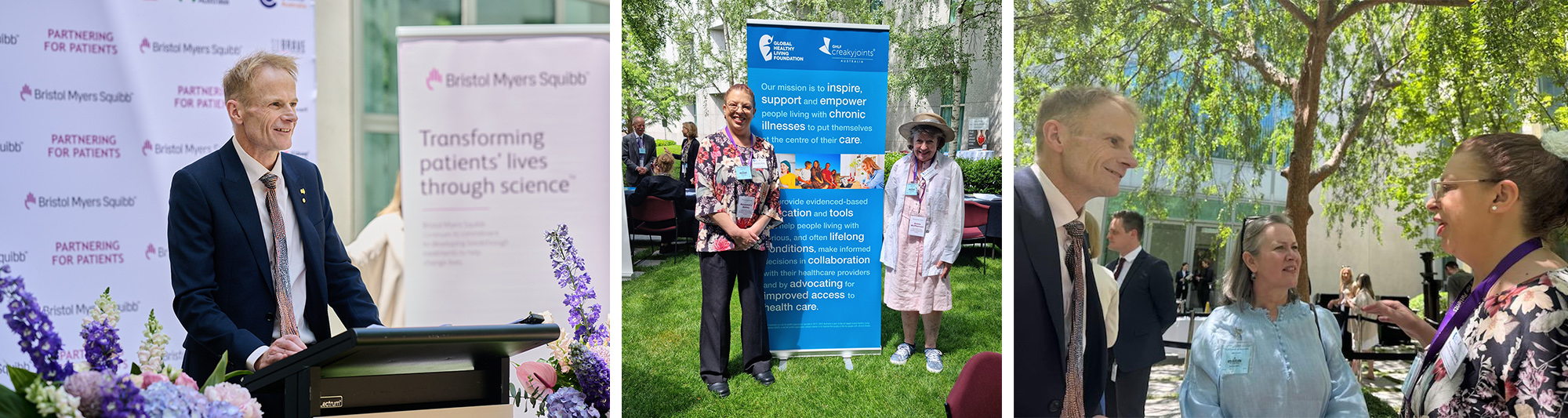 Image includes three photos aligned horizontally. On the left is a photo of the Joint Australian of the Year, Prof Richard Scolyer AO, standing at a podium and giving a speech. He is wearing a suit, white shirt and tie. There are BMS Patient and Parliament Summit 2024 banners behind him and flowers on either side of the podium. In the centre is a photo of Rosemary Ainley (left) and Annie McPherson. They are standing in front of a tall GHLF Australia banner. They are on the lawn with some trees behind them in a courtyard of Parliament House, Canberra. They are wearing summer clothing and have big smiles on their faces. On the right is a photo of Rosemary Ainley (right) meeting Prof Richard Scolyer AO and his wife Katie Nicoll. They are standing under a tree in a courtyard of Parliament House, Canberra on a sunny afternoon.